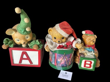Set of 3 Vintage Christmas Bear Music Boxes & Figurines