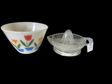 Vintage Kitchen Glass Lot – Fire-King Tulip Mixing Bowl & Glass Juicer (2 pcs)