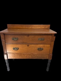Antique Oak Two-Drawer Chest with Brass Pulls