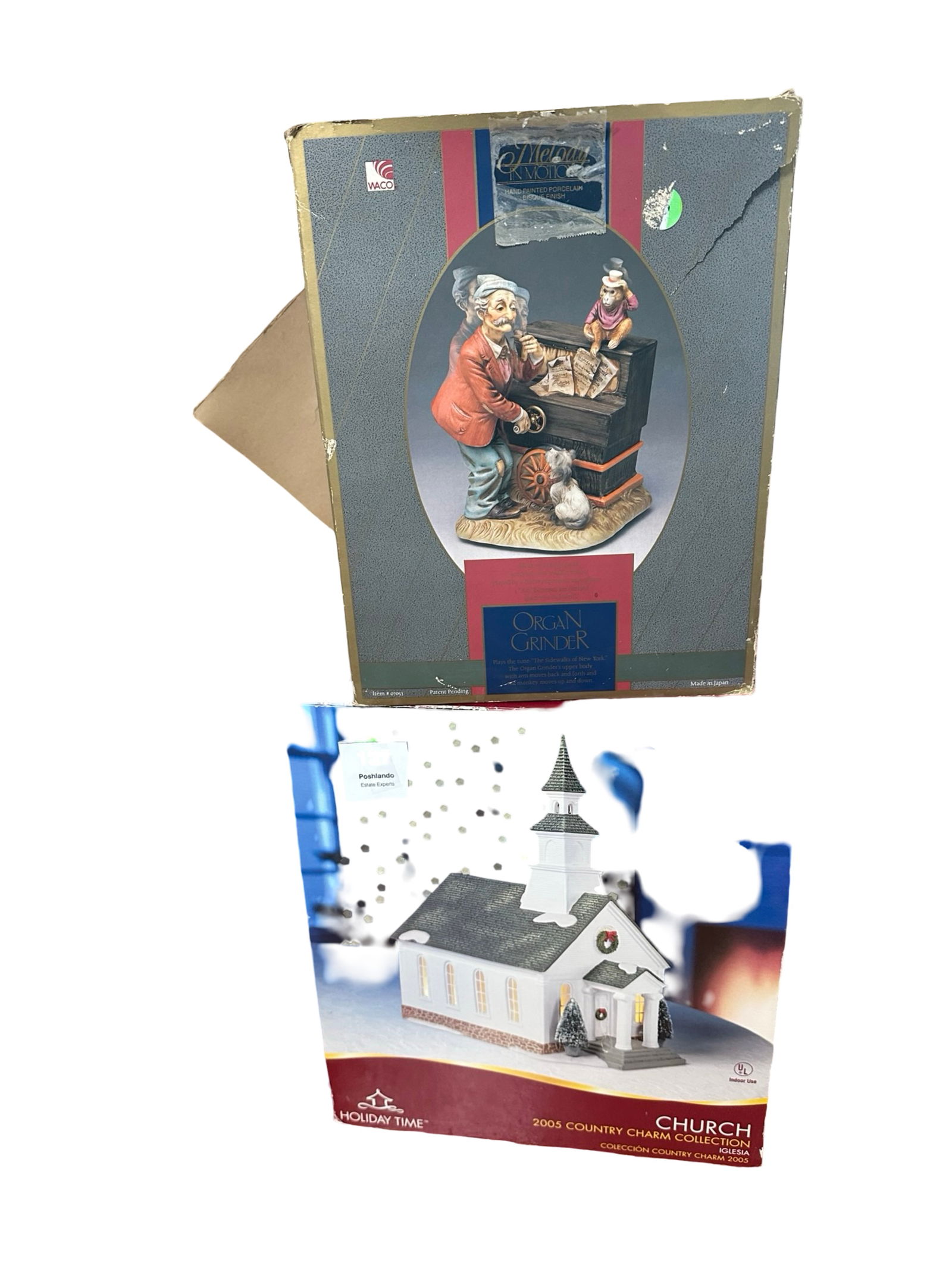 Waco Organ Grinder & Holiday Time Church: Waco Organ Grinder Figurine – Hand-painted porcelain featuring a street performer with monkey and dog. Comes in original box (box shows wear). Figurine in good vintage condition.Holiday Time Church