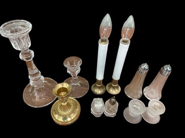 Assorted Candlesticks, Salt & Pepper Shakers, and Decor