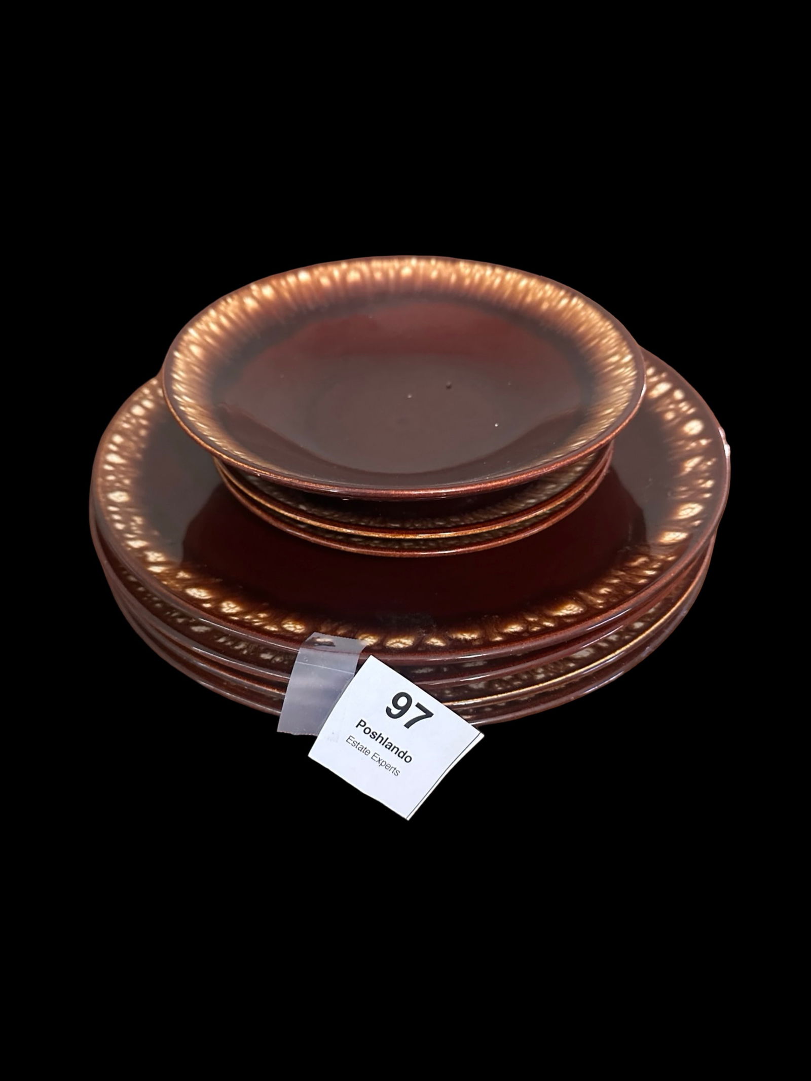 Vintage Taylor, Smith & Taylor “Sierra” Dinnerware Plates: A beautiful pair of mid-century dinnerware plates by Taylor, Smith & Taylor (TS&T), in the sought-after “Sierra” pattern. These ceramic plates feature a rich brown glaze with golden highlights
