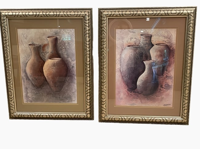 Framed Prints Depicting Earthen Vessels Signed ‘Gillberry’