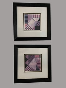 Abstract Geometric Watercolor Artworks in Black Ribbed Frames