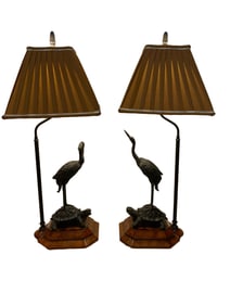 Maitland-Smith Bronze Crane and Turtle Table Lamps