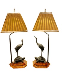 Maitland-Smith Bronze Crane and Turtle Table Lamps