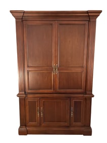 Two-Piece Wooden Entertainment Armoire with Brass Hardware