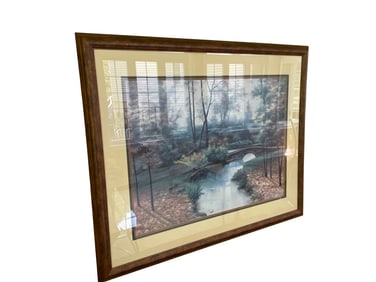 Framed Landscape Print Depicting a Forest Stream and Stone Bridge