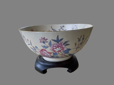 Decorative Porcelain Bowl with Floral Motif on Wooden Stand