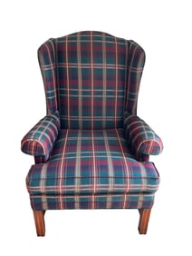 Taylor King Wingback Chair with Plaid Upholstery and Wooden Legs