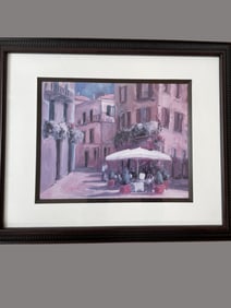 Two Framed Impressionist-Style Paintings of Outdoor Cafe Scenes