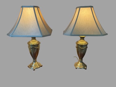 Brass Table Lamps with Bell-Shaped Shades and Decorative Swag Details