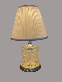 Cut Glass Table Lamp with Floral and Geometric Motifs on Brass Base