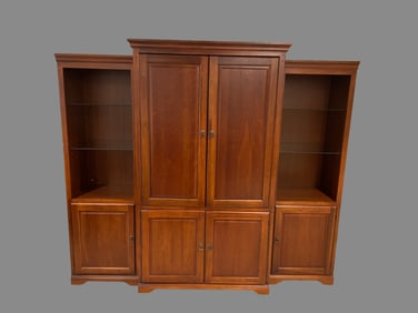 Three Piece Wood Entertainment Center with Glass Shelves and Storage Cabinets