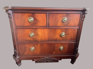 Pair of Hickory White Mahogany Four-Drawer Chest with Decorative Carvings