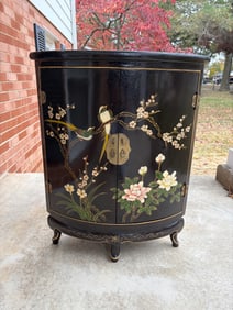 Hand-Painted Oriental Corner Cabinet with Black Lacquer Finish