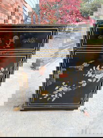 Asian Style Lacquered Chinoiserie Side Cabinet with Floral and Bird Motif