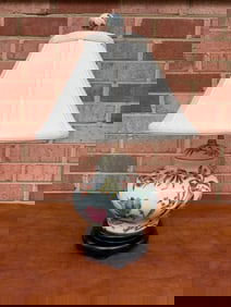 Porcelain Lamp with Hand-Painted Lily Motif and Covered Jar Base, 15 Inches