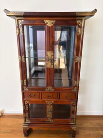 Antique Korean Hardwood China Cabinet with Brass Hardware