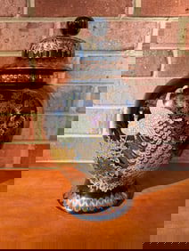 Vintage Japanese Black Lacquer Ginger Jar with Peacock and Floral Motif