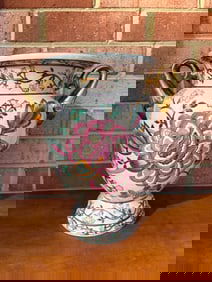 Antique Famille Rose Style Chinese Porcelain Vase with Gilt Handles