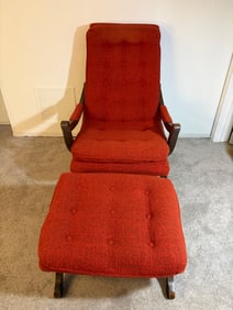 Colonial Style Spanish Red Fabric Armchair with Matching Ottoman