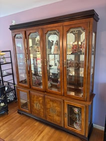 Large Vintage Oriental Chinese Carved Four-Door Wood and Glass China Hutch with Display Shelves