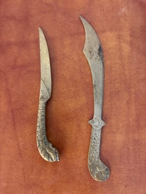 Pair of Handmade Brass Letter Openers with Serpent and Crescent Motifs, Greek Origin