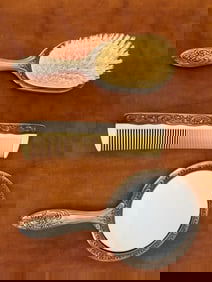 Three-Piece Silver-Plated Vanity Set, Mirror, Brush, and Comb