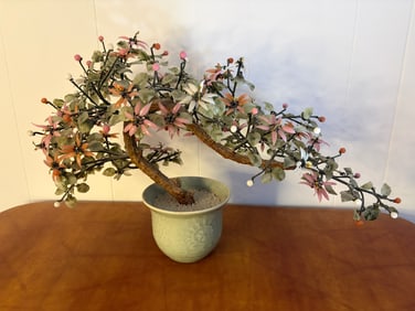 Pair of Vintage Chinese Jade and Semi-Precious Stone Cherry Blossom Tree Sculptures