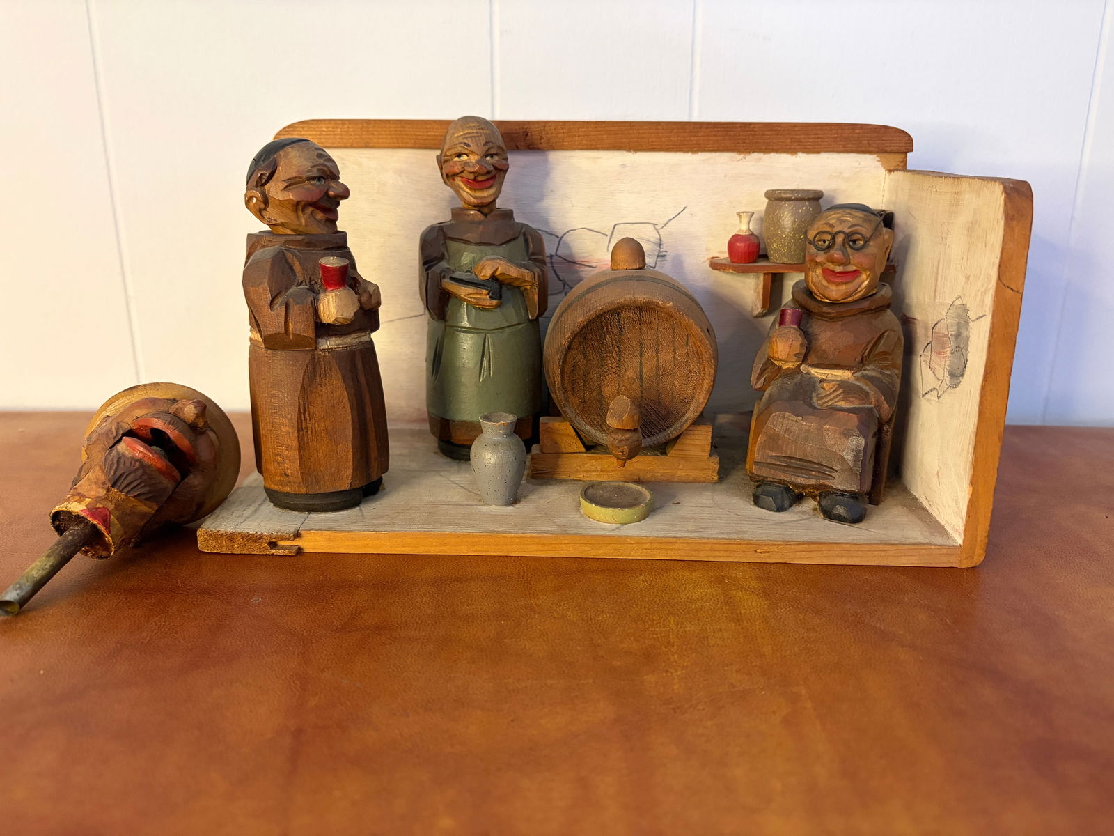 Hand-Carved Wooden Monk Bar Set with Corkscrew and Stoppers, Italy, 1950s (1 of 10)