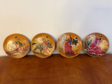 Four Hand-Painted Wood Plaques Depicting Spanish Cultural Scenes, Signed 'Alonso'