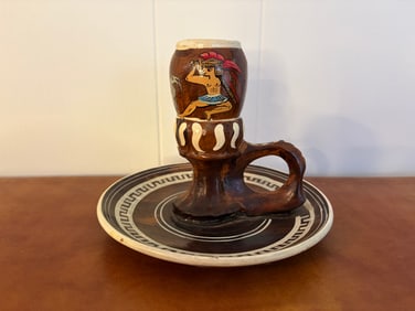 Hand-Painted Ceramic Chamberstick with Greek Key Motif and Warrior Design