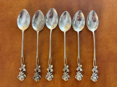 Six 800 Silver Rose Motif Demitasse Spoons and Six Matching Skewers