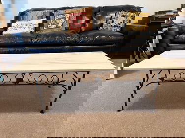 Rectangular Marble-Top Coffee Table with Black Wrought Iron Frame