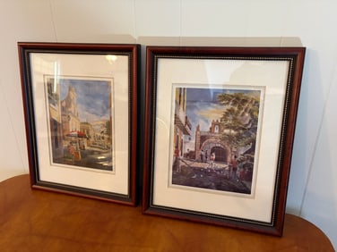 Pair of Luis Gavela Framed Watercolor Prints Depicting Old San Juan Streets