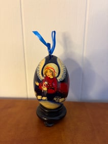Hand-Painted Wooden Egg Ornament with Angel and Church Motif