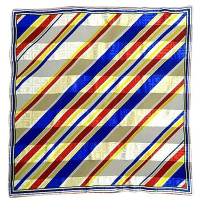 Givenchy Blue Red Gold Stripe Print Abstract Silk Scarf: For sale is a RARE, Givenchy, blue, red, white, and yellow striped print, 35" square, 100% silk scarf with a jacquard print of the Givenchy logo throughout and rolled stitching along the edges! This I