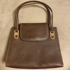 Gucci mod brown leather top handle Kelly bag w carnelian cabochon accents