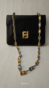 Fendi brown crocodile leather bag w two-tone chain strap & XL FF clasp