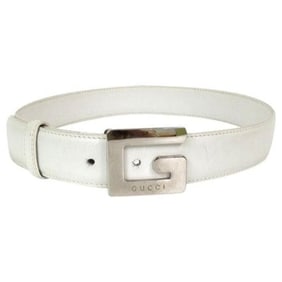 GUCCI White Leather Belt w Chrome Square G Buckle