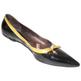 Giorgio Armani Black Glossy Leather, Pointed Toe, Flats with Yellow Trim & Bow Accents