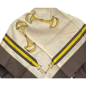 Vintage, Gucci, equestrian print, 35" square, 100 % silk scarf in brown, gold, & black on a white