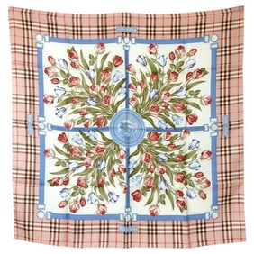 Burberry Beige Red Brown Blue Plaid Nova Check Print Silk Scarf