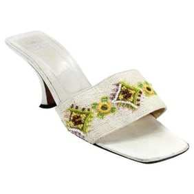 FENDI White Beaded Kitten Heel Mule Sandals
