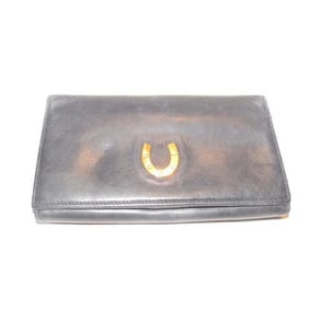 Gucci Navy Blue Leather With Gucci Logo Gold Horseshoe Vintage Continental Accent Wallet