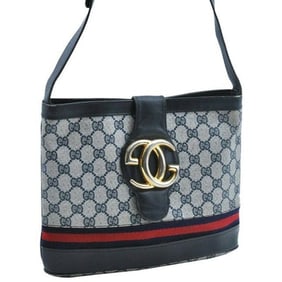 RARE, vintage Gucci, navy Guccissima print leather, satchel style, bucket bag with blue and red