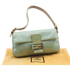 Fendi Aqua Zucchino Print On Gold Patent Leather Baguette w  Enamel FF Clasp