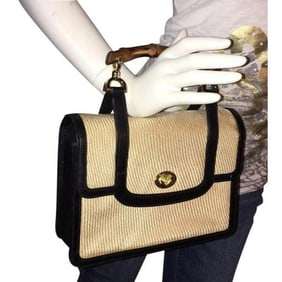Gucci Black Leather And Ivory Raffia Lunch-box Satchel With Bamboo Hanle