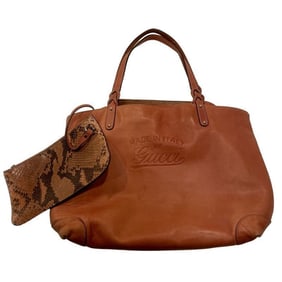 Gucci caramel leather craft XL tote with a python wallet, braided handles, & 'Made in Italy by